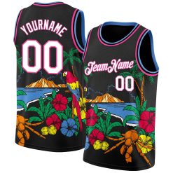 Black White Pink-Light Blue 3D Pattern Tropical Beach Hawaii Palm Trees Custom Basketball Jerseys For Men & Women